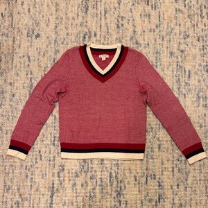 Brooks Brothers V-Neck Red Sweater with Navy and Cream Varsity Stripes